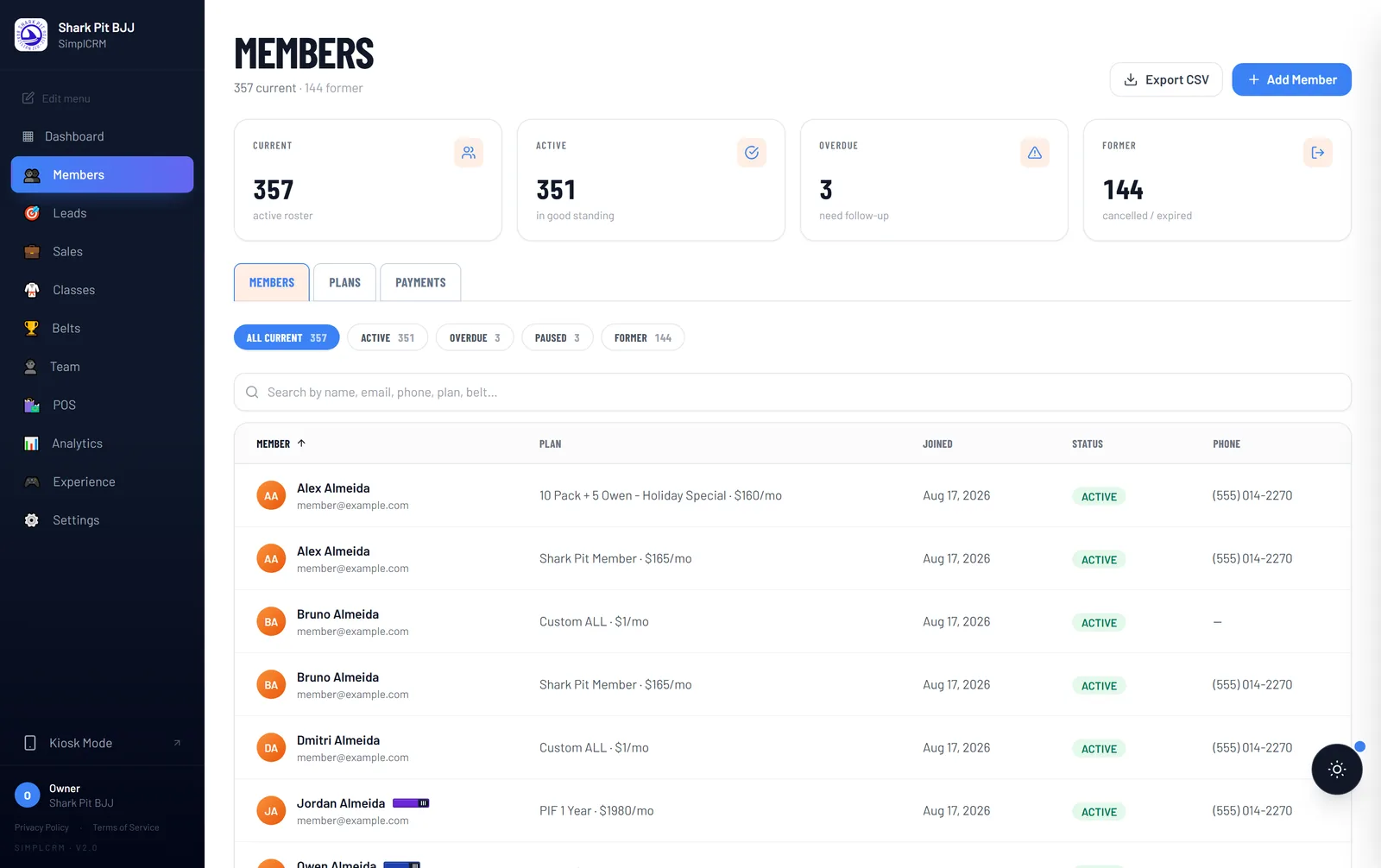 BattersOps player roster with age group and plan status