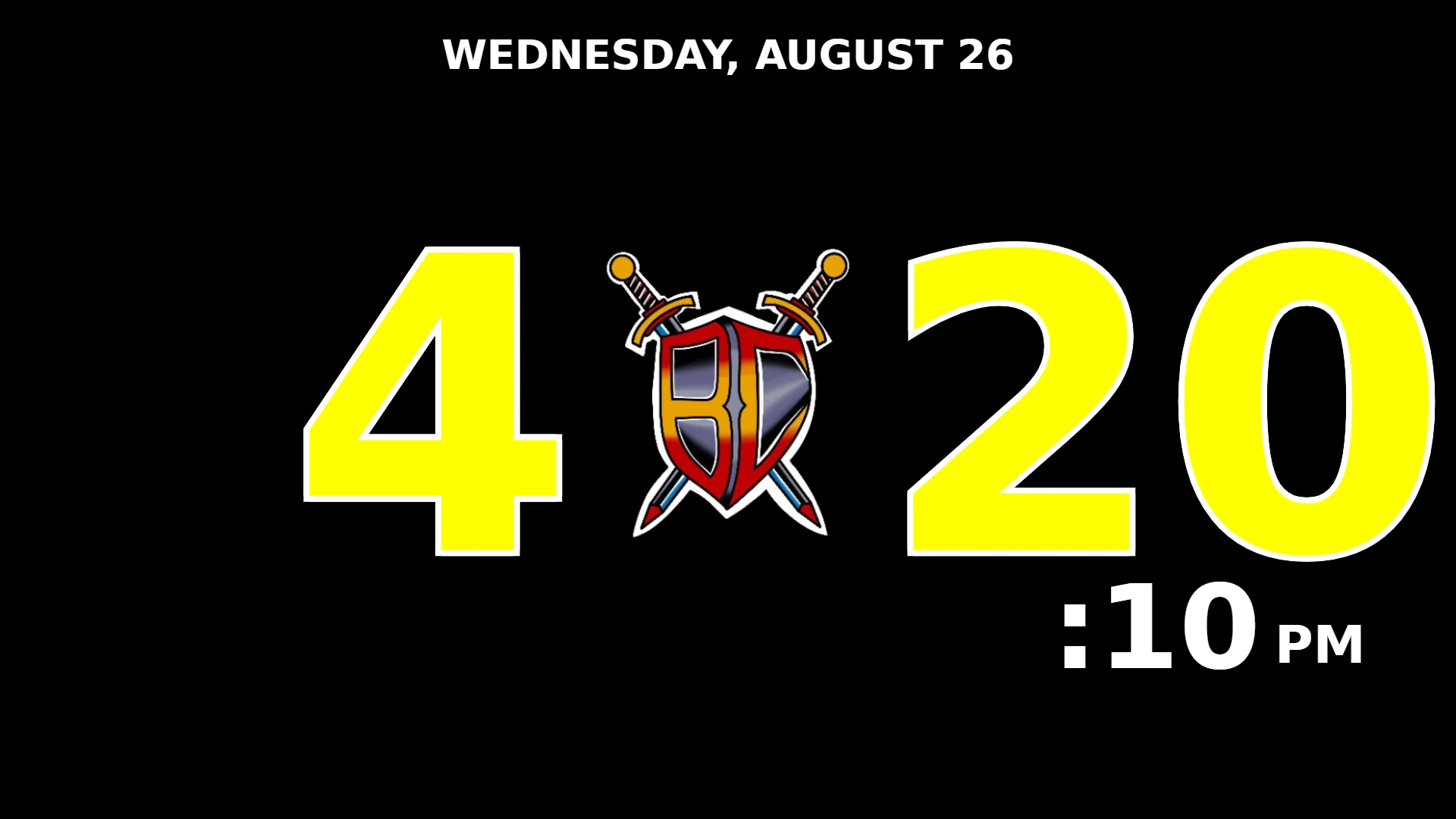 BattersOps gym timer branded for BC Jiu Jitsu — black background, yellow digits and the club crest