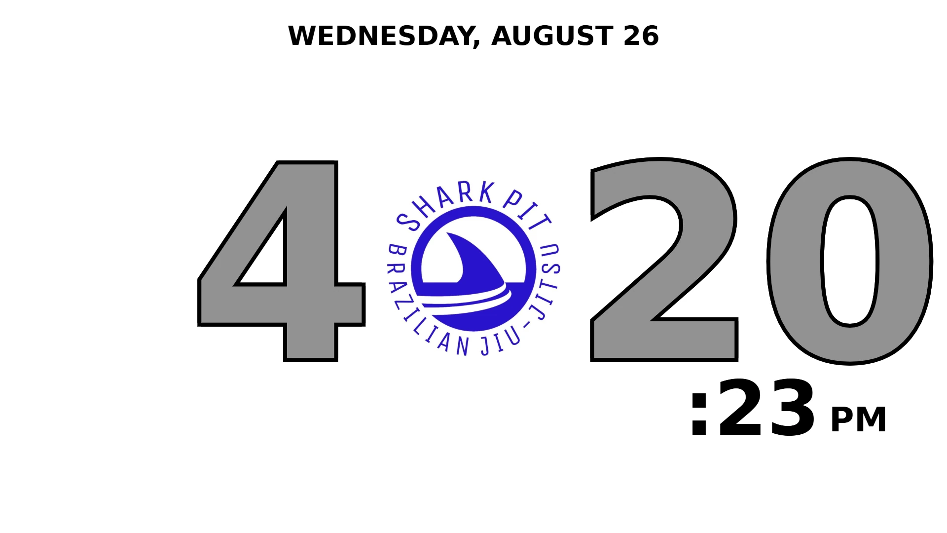 BattersOps gym timer branded for Shark Pit BJJ — white background, grey digits and the club logo